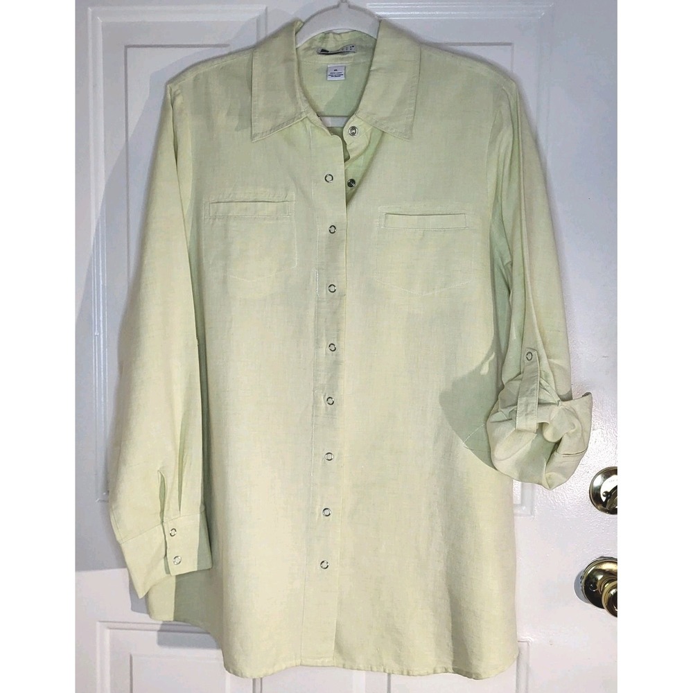 Carole Little 100% Linen Butter Yellow Tunic Blouse XL Snap Front Long Sleeve - Picture 2 of 10